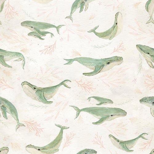 Graceful humpback whales swimming among soft flowing seaweed in a gentle underwater ocean scene.