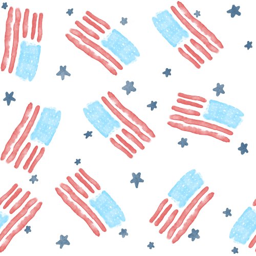Tossed hand drawn watercolor American flags with stars red white and blue