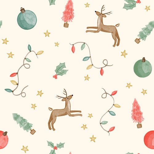 watercolor christmas elements including reindeer, Christmas lights and ornaments, on a solid background.