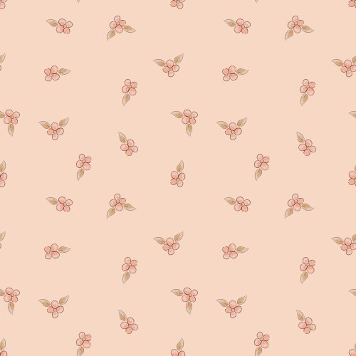 Scattered pink watercolor daisy flowers with beige leaves across a peach pink background