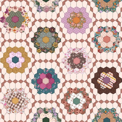 Vintage hexagon floral quilt with hand drawn patterns and florals with a mix of fall colors