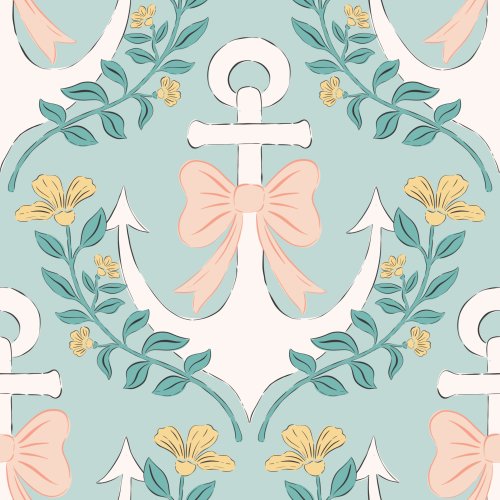 Seamless nautical pattern featuring decorative anchors tied with bows, intertwined with flowering vines in a symmetrical repeating design inspired by vintage coastal motifs.