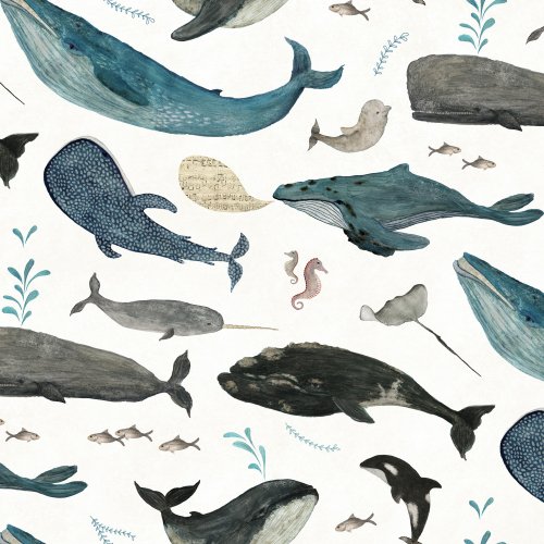 Ocean design featuring whales singing with an octopus, seahorse, and stingray drifting through a soft underwater scene.