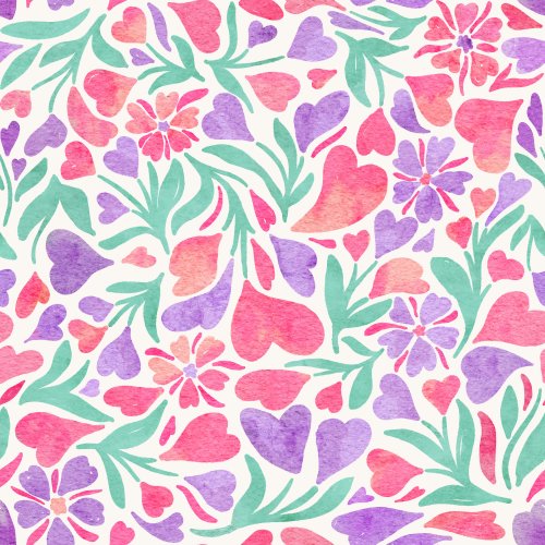 Watercolor Floral with Heart Shaped Flowers in Pink and Mint Colors