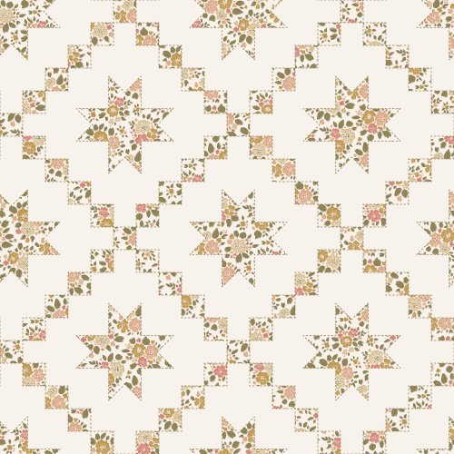 A cozy faux quilt-block star repeat with eight-point stars nested in stepped diamond frames, giving a classic cheater-quilt look.