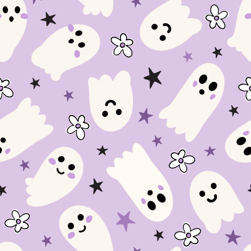 Cute Bubbly Ghosts, flowers, stars on purple 