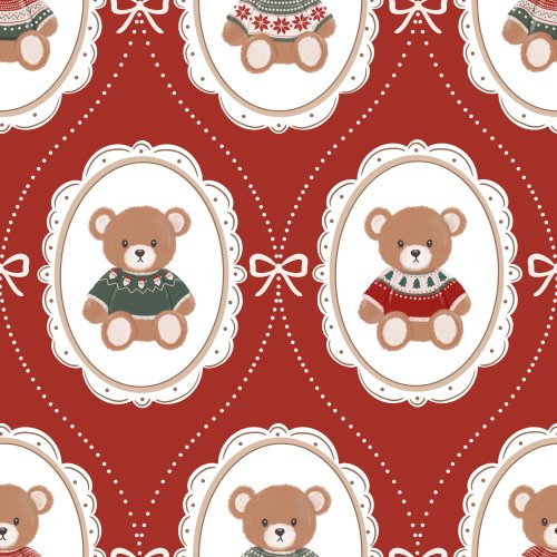 Teddy bears in fair isle sweaters inside of cameo frames