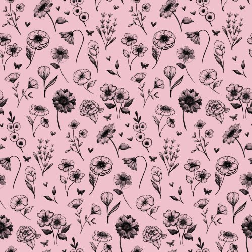 black sketched florals on a pink background