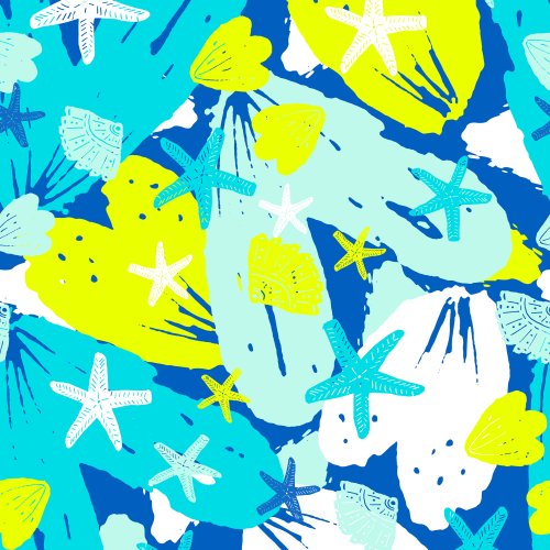 Neon Topical Summer starfish and shells in bright blue and neon green yellos