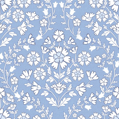 A sweet blue and white floral pattern with small blossoms and graceful training vines. The small-scale repeat and airy composition create a gentle, classic look.