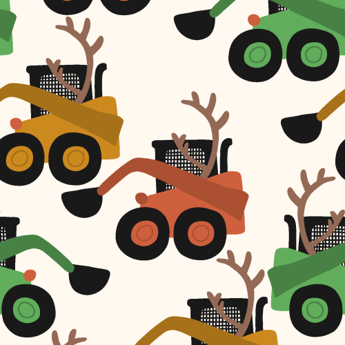 colorful skid steer construction trucks dressed as reindeer for holidays