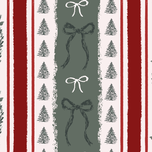 Hand drawn and textured stripes with hand painted bows and Christmas trees