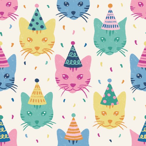 bright colorful Cat Faces wearing triangular birthday hats with hand drawn patterns and pom poms surrounded by multicolor falling confetti