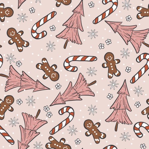 pink christmas design with gingerbread, christmas tree and candy cane