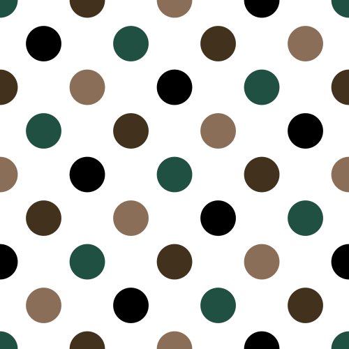 green, brown, black dots on a white background