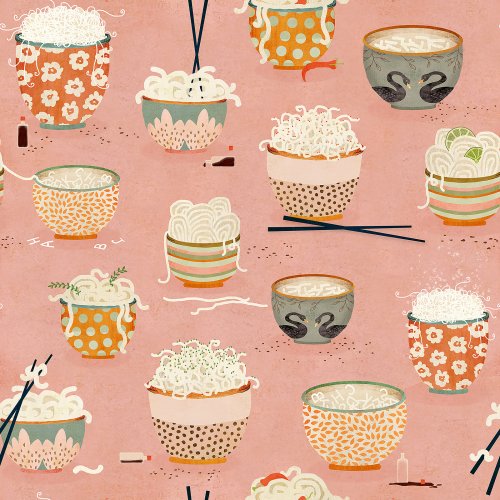 Playful food design with bowls of noodles, soy sauce bottles, and chopsticks scattered across a soft background.