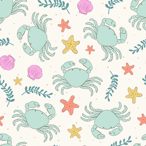 Cute Coastal crabs, star fish, shells in pastel colours 