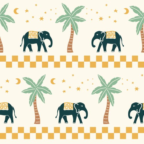 Seamless pattern with elephants, palm trees, stars, crescent moons and checkerboard borders in a warm desert-inspired palette.