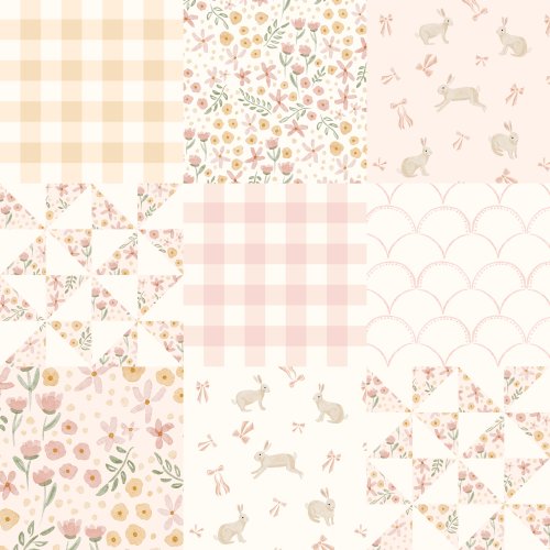 Quilt squares of soft pastel spring designs including bunnies, florals, plaid and scallops.