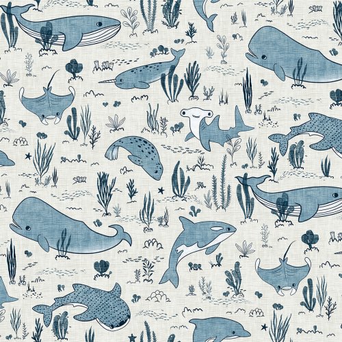 Line drawings of sea creatures including whales, dolphins, sharks, manta rays, and seals on a soft woven texture background.