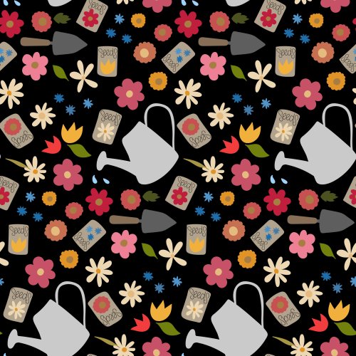 collage of gardening supplies and flowers on a black background