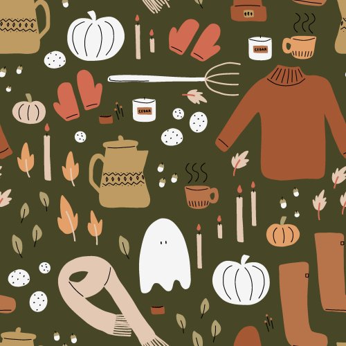 Cozy Fall things like sweaters, candles, cookies, tea, mittens, leaves, acorns, pumpkins, and a ghost in warm Autumn colors like olive green and mustard yellow