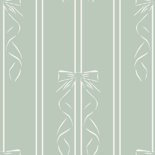 Delicate vertical stripes and a central bow motif with flowing ribbon tails create a symmetrical vintage-inspired design in pale aqua on a white background.