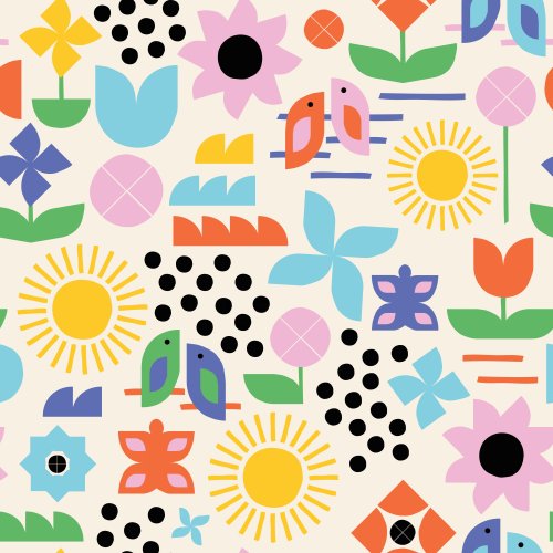 Scandinavian style geometric birds, flowers, butterflies, and suns