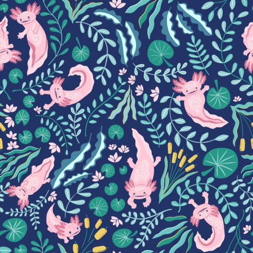 Playful pink axolotls surrounded by stylised aquatic foliage, lily pads, reeds and small flowers in teal, aqua, blue and yellow on a navy background.
