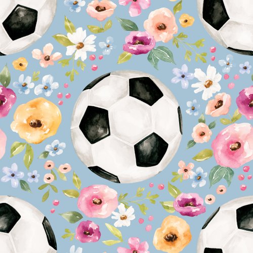 Sports fabric design with soccer balls and flowers