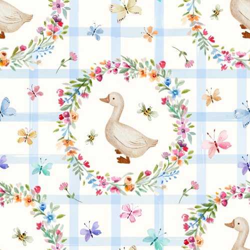 Floral watercolor wreath Goose with blue gingham