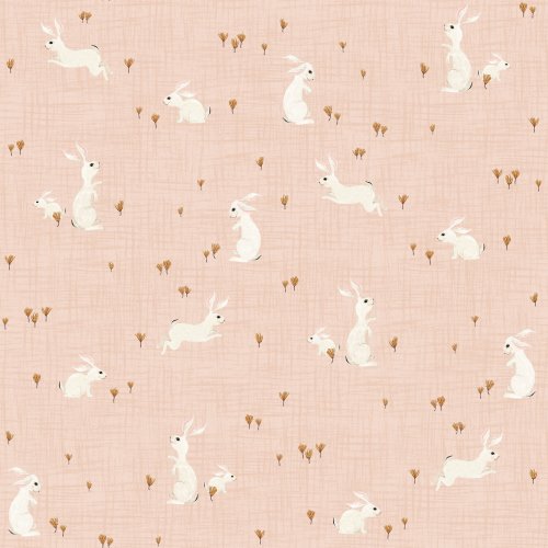 Cream bunnies on a soft woven texture background with small tufts of prairie grass scattered throughout.