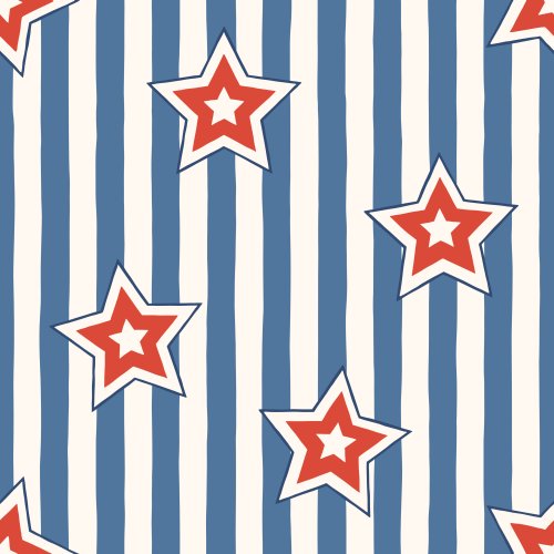 Bold denim-blue and warm-cream vertical cabana stripes set a crisp coastal backdrop, while scattered layered stars in tomato red, bright white, and navy outline add playful retro Americana energy.