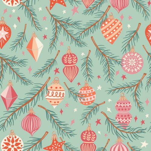 Vintage-inspired Christmas ornament pattern with illustrated baubles hanging from evergreen branches on a soft sage green background.