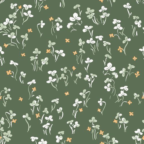 hand painted whimsical shamrocks and flowers in a scattered, all over repeat