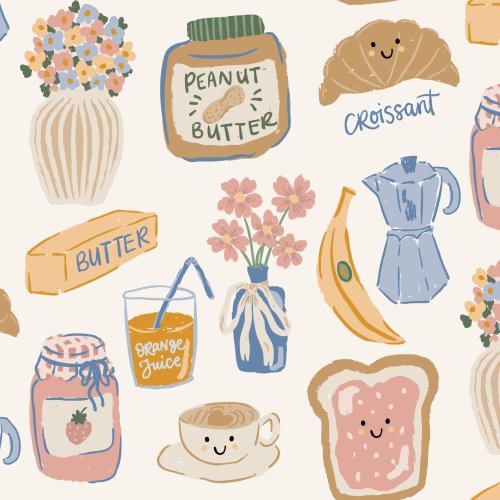 hand drawn breakfast foods including toast, spreads, coffee with cute faces