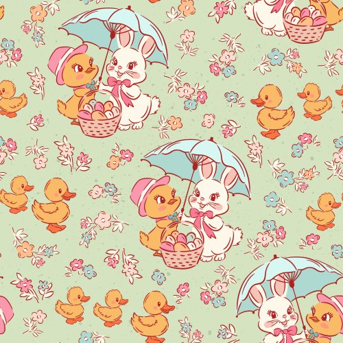 vintage duck and bunny under umbrella