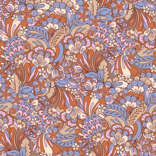 Fall Butterflies and Blooms Retro Blooms in Lilac Blue Brown 70s floral