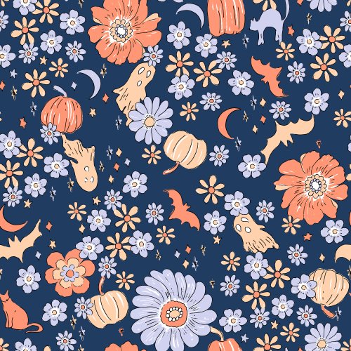 Halloween Magic Vintage Fall Floral Pumpkins Ghosts Stars and moons