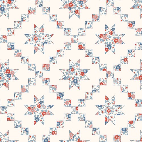 Vintage quilt-block stars meet an Irish chain–style patchwork pathway in this airy, cheater-quilt repeat. Eight-point stars and stepped diagonal chains are built from tiny calico florals in dusty sky blue, denim and slate tones, with coral-pink and red blossoms on a soft cream ground.