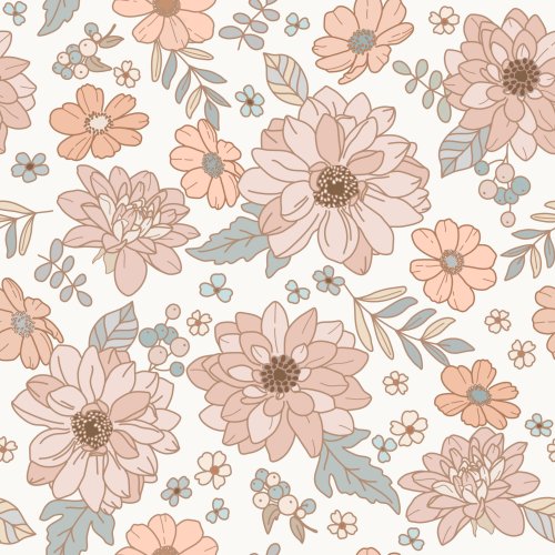 Retro floral in soft peach turquoise tones.