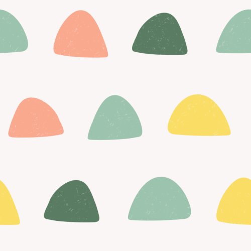 A scattered geometric pattern of rounded triangular shapes in mint green, sage green, coral pink and yellow on a warm off-white background, with a subtle distressed texture.