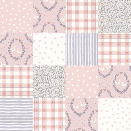 a patchwork quilt made up of various patterns including florals swans and simple shapes