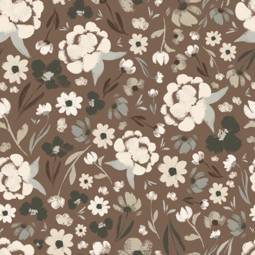 hand painted textured flowers scattered and tossed on a rich brown background