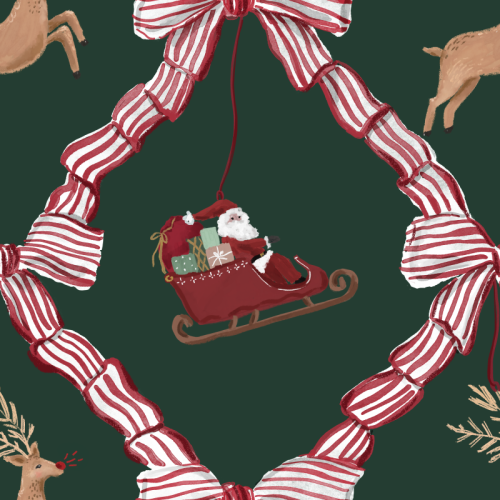Santa and reindeer ornaments hanging from a striped coquette Christmas ribbon with bows red and green