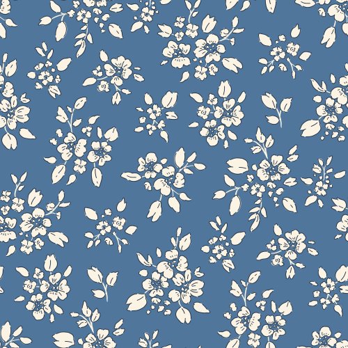 A warm, vintage-inspired tossed floral featuring small bouquet clusters and scattered leaves in warm white on a honey-ochre mustard ground.