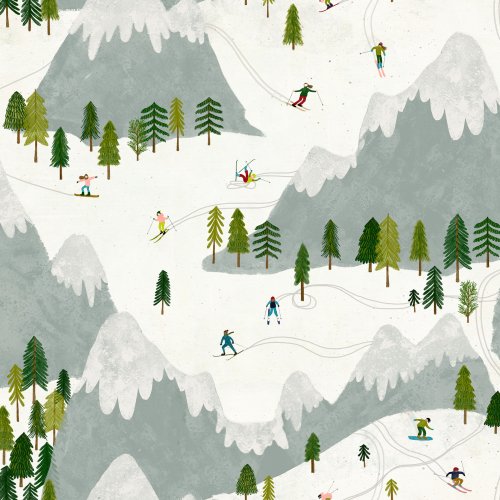 Winter scene with skiers among snowy slopes, pine trees, and mountains, a playful alpine design with a cozy feel.