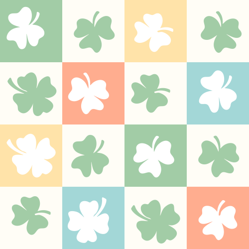 Four leaf clovers arranged in a pastel checkerboard tile pattern.