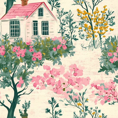 pink cottage in meadow