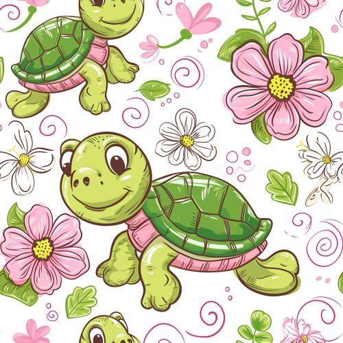 cute cartoon turtle and pink flowers